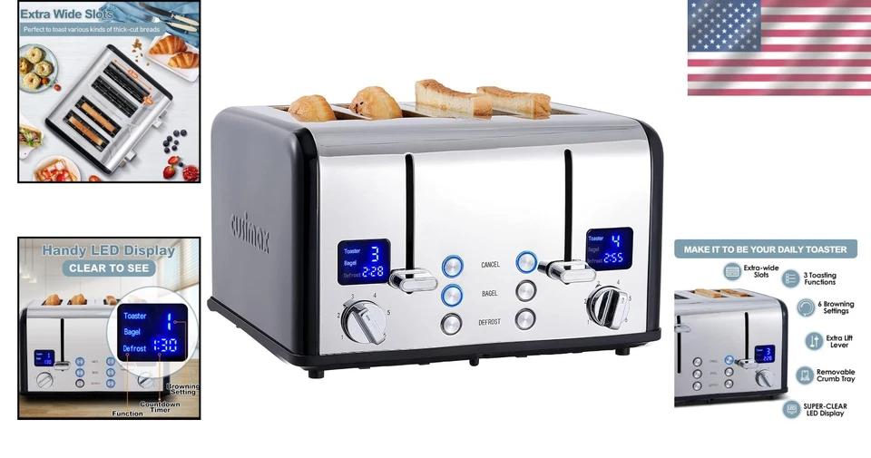 Classic 4 Slice Stainless Steel Toaster with 6 Shade Settings & LED Countdown - Image 2 of 4
