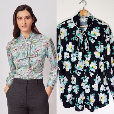 Hawes & Curtis Women's Black Floral Print Satin Pussy Bow Fitted Blouse Sz 18