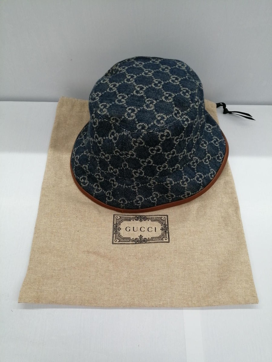 GUCCI GG pattern denim bucket hat in indigo x brown UK