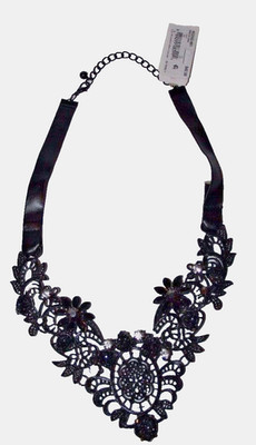 M Haskell Black Filigree Flower Faux Leather Necklace 18 inches Long