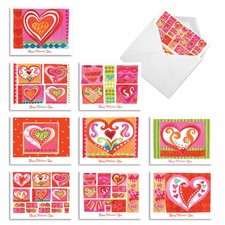 10 Valentine's Day Card Pack w/Envelopes - Art Hearts NobleWorks M6725VDG-B1x10