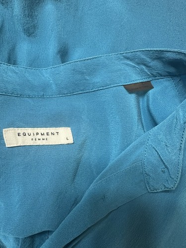 Equipment Femme Silk Button Down Mandarin Collar Teal Blue Long Sleeve Shirt L - Picture 4 of 6