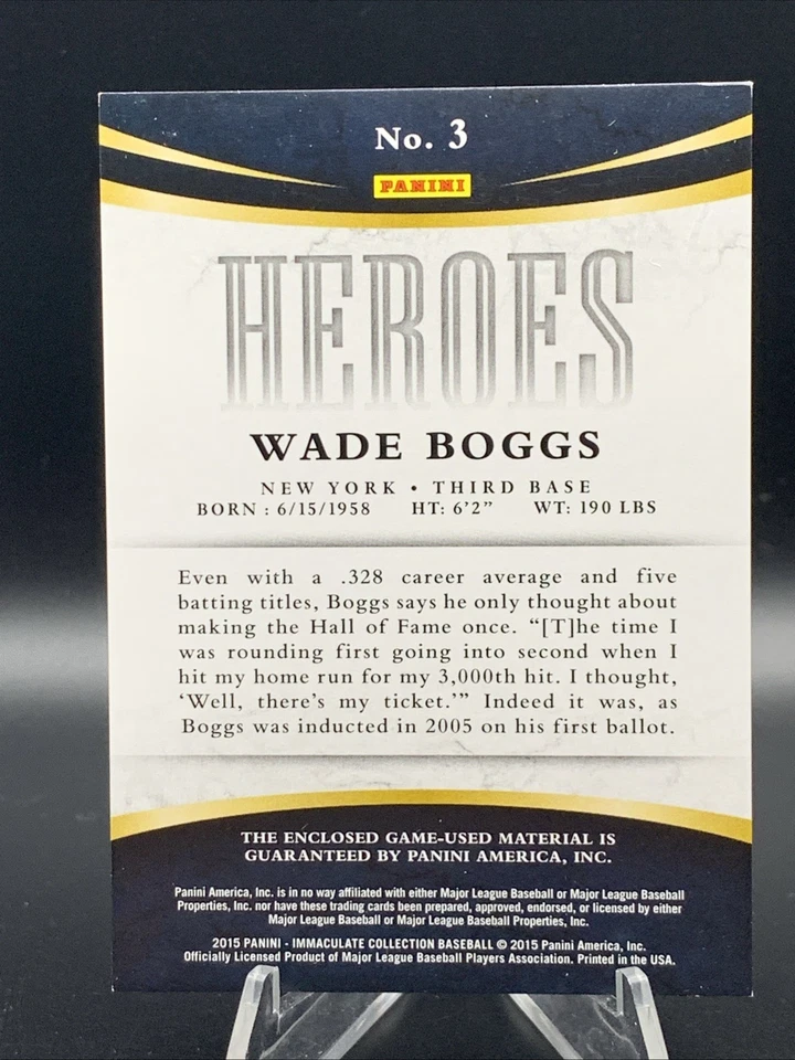 2015 Panini Immaculate Immaculate Heroes Materials /99 Wade Boggs #3 HOF - Image 2 of 2