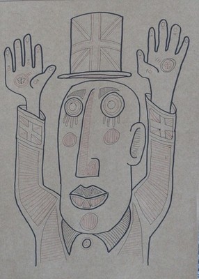 John Bull Original Illustrative Tusche auf braunem Papier Zeichnung