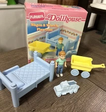Vintage Playskool Dollhouse Wagon & Wheels Twin Bedroom Playroom Set in Box