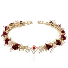 Rose Flower Crown, Fairy Metal Floral Headband for Women Red Gold