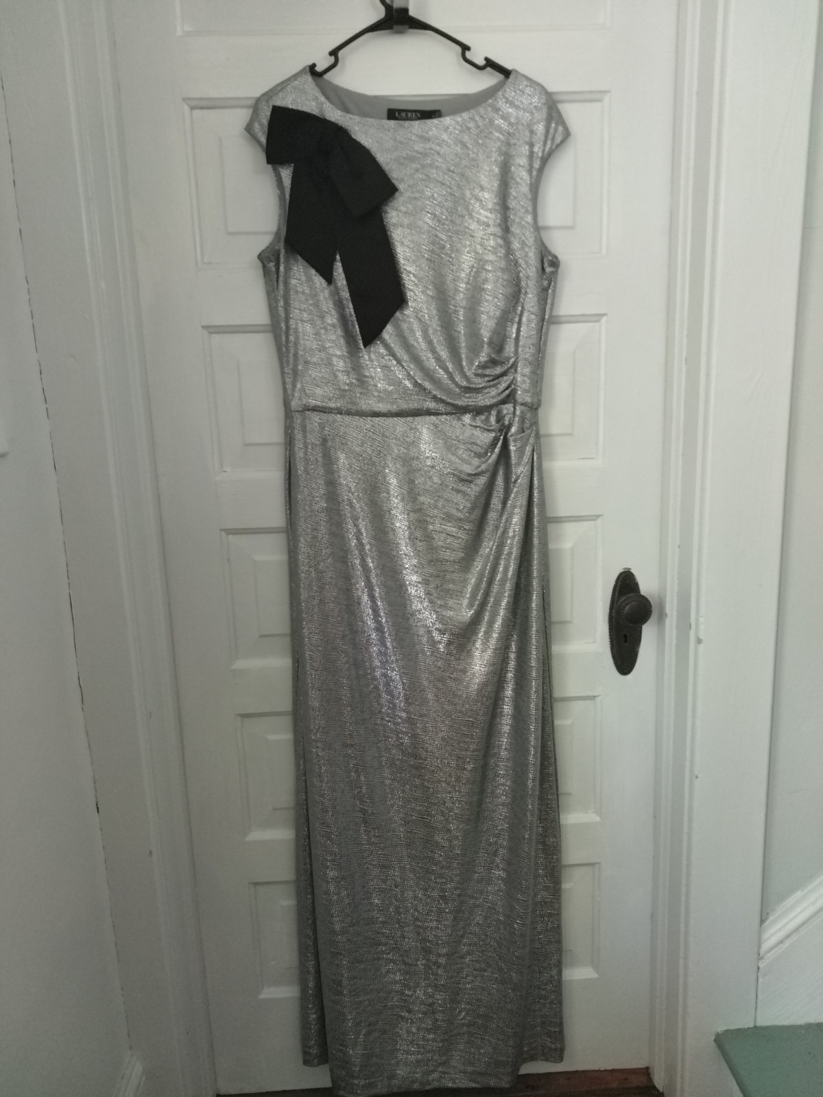 Ralph Lauren Bow-Trim Metallic Maxi Gown Silver  Gray EUC *worn once* size 14