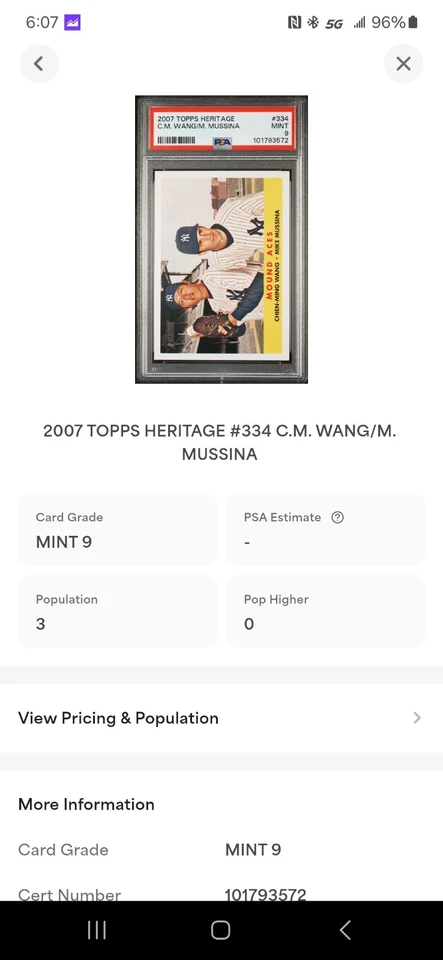 2007 TOPPS HERITAGE #334 MIKE MUSSINA YANKEES HOF POP 3 PSA 9 - Image 4 of 4