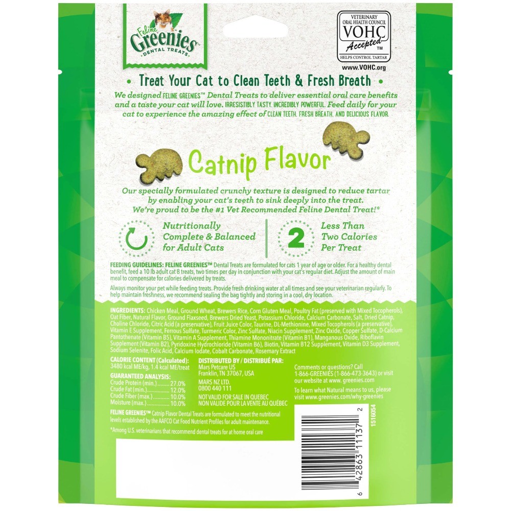 Feline Greenies Adult Natural Dental Care Cat Treats, Catnip Flavor, 21 Oz Tub