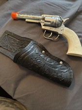 Vtg Pony Boy 10" Western Diecast Chrome Body Cream Grip Cap Gun Pistol Holster