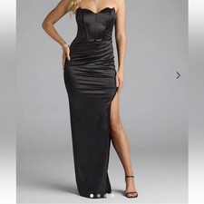 NWT Windsor Dress Black Amorata Corset High Leg Slit Satin Long Maxi Formal