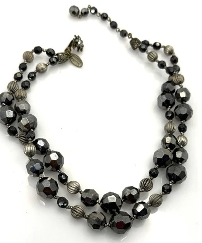 Late 1930s Miriam Haskell Hematite Bead Double Strand Necklace Black Silver 16'