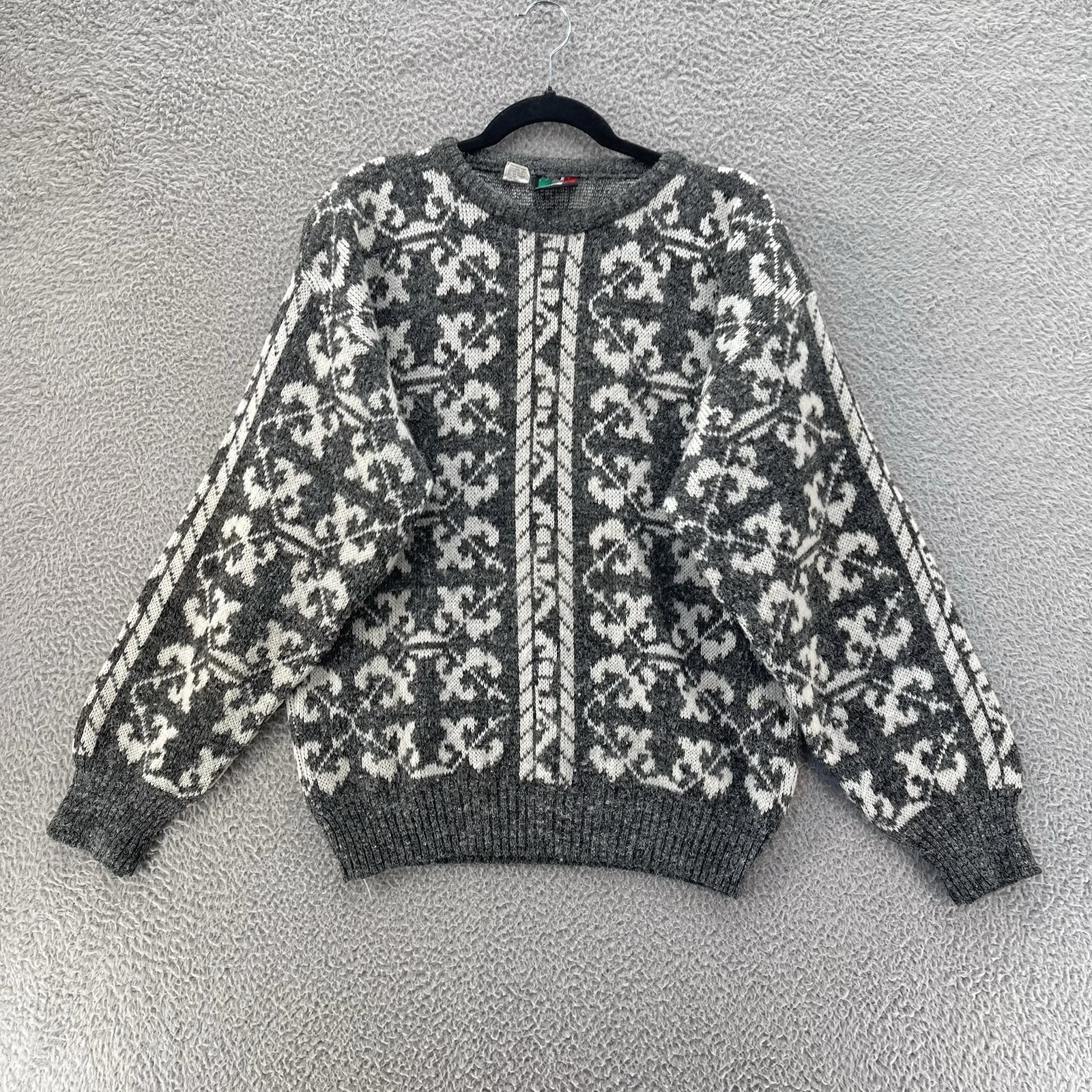 Vintage Colors Wool Sweater Men Medium Grey White Floral Jumper Italy Streetwear