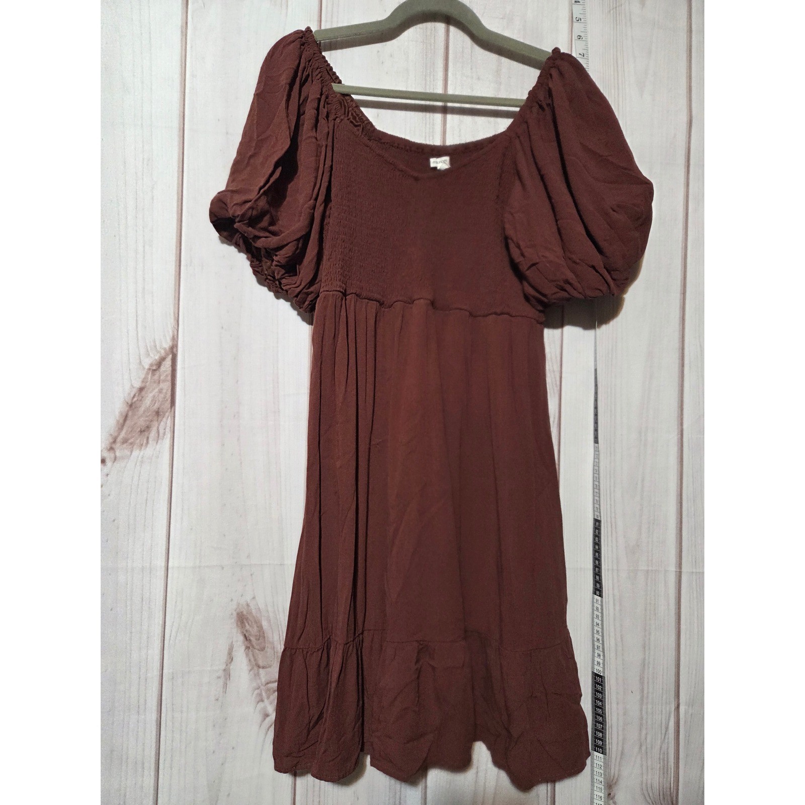 Maurices Smocked Puff Sleeve Square Neck Midi Dress Rust Brown Size L