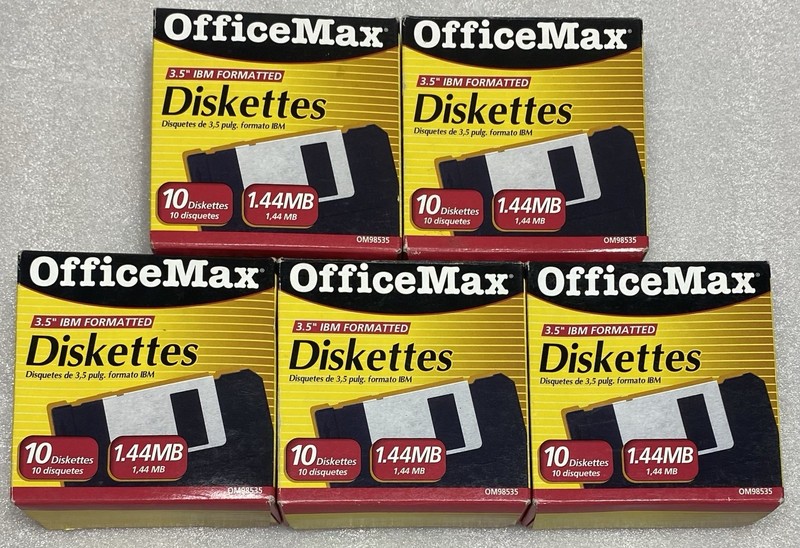 50 OfficeMax Floppy Discs 3.5" 1.44 MB Diskettes IBM Formatted 5) SEALED Boxes