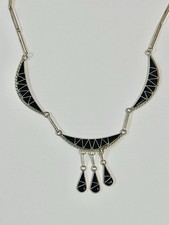 VTG Native American ZUNI Onyx Sterling Silver RL Necklace Rita Lee Paperclip