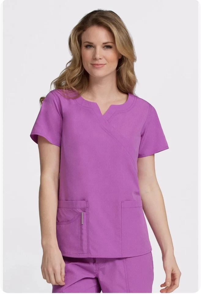 PEACHES NURSING Women’s UNIFORM BOLD BRIGHT BANDED CROSSOVER SCRUB TOP Purple - Image 2 of 4