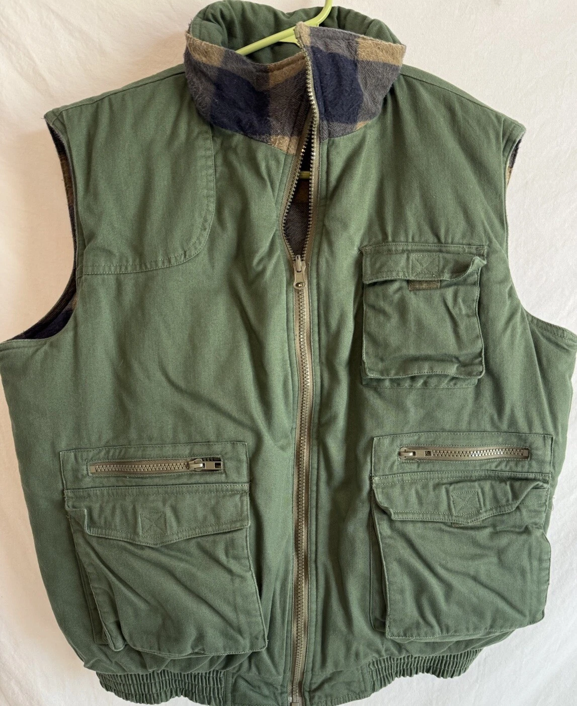 Woodlands Reversible Outdoor Vest Mens Large Green/Plaid Full Zip Pockets Cotton