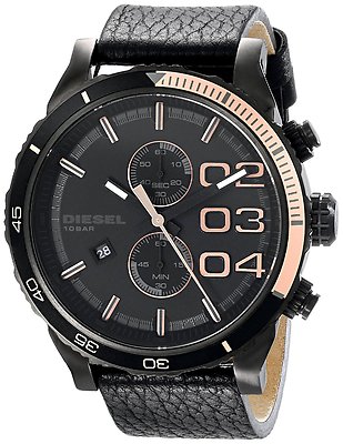 DIESEL DOUBLE DOWN BLACK+ROSE GOLD TONE,BLACK LEATHER BAND,CHRONO. WATCH DZ4327