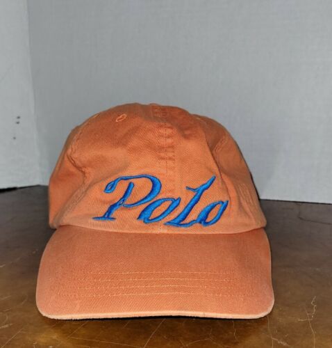Rare Vintage Polo Ralph Lauren Leather Strapback Hat Orange Script Spellout - Picture 1 of 8