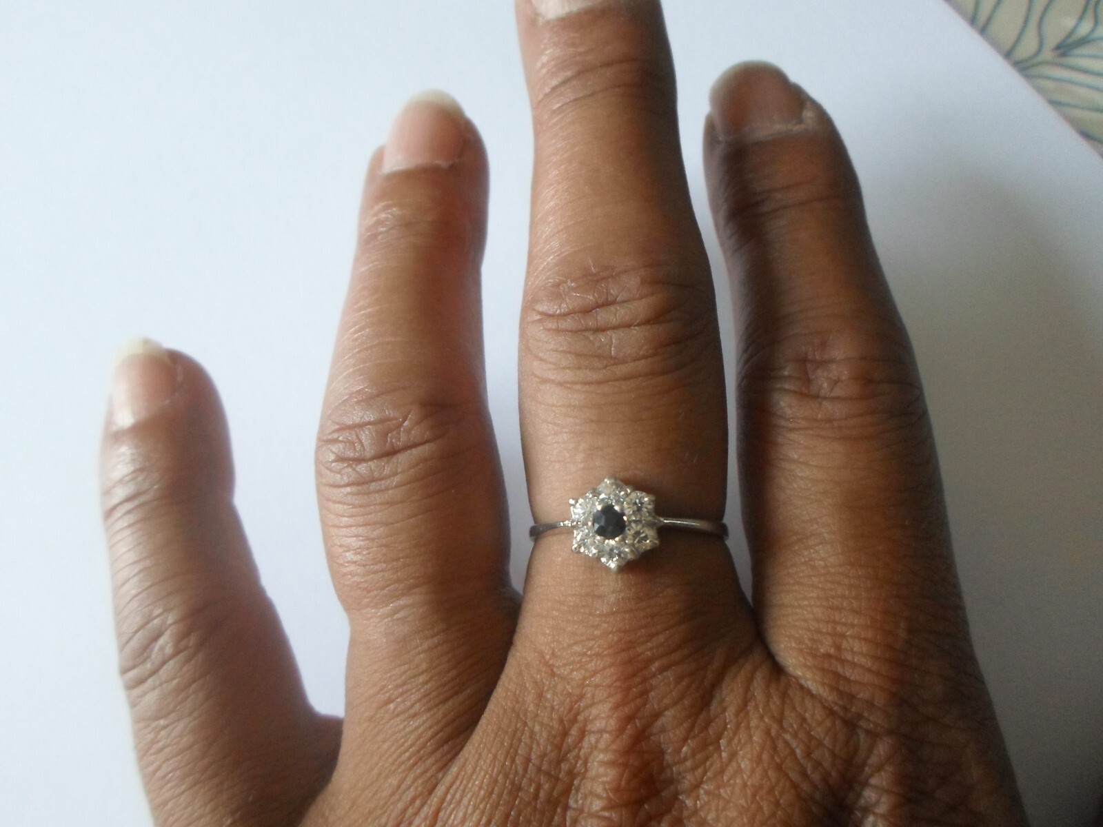 solid silver ring, flower, zirconium, black and w… - image 1