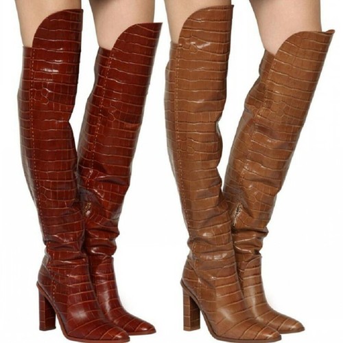 Crocodile Printed Over The Knee Boots 