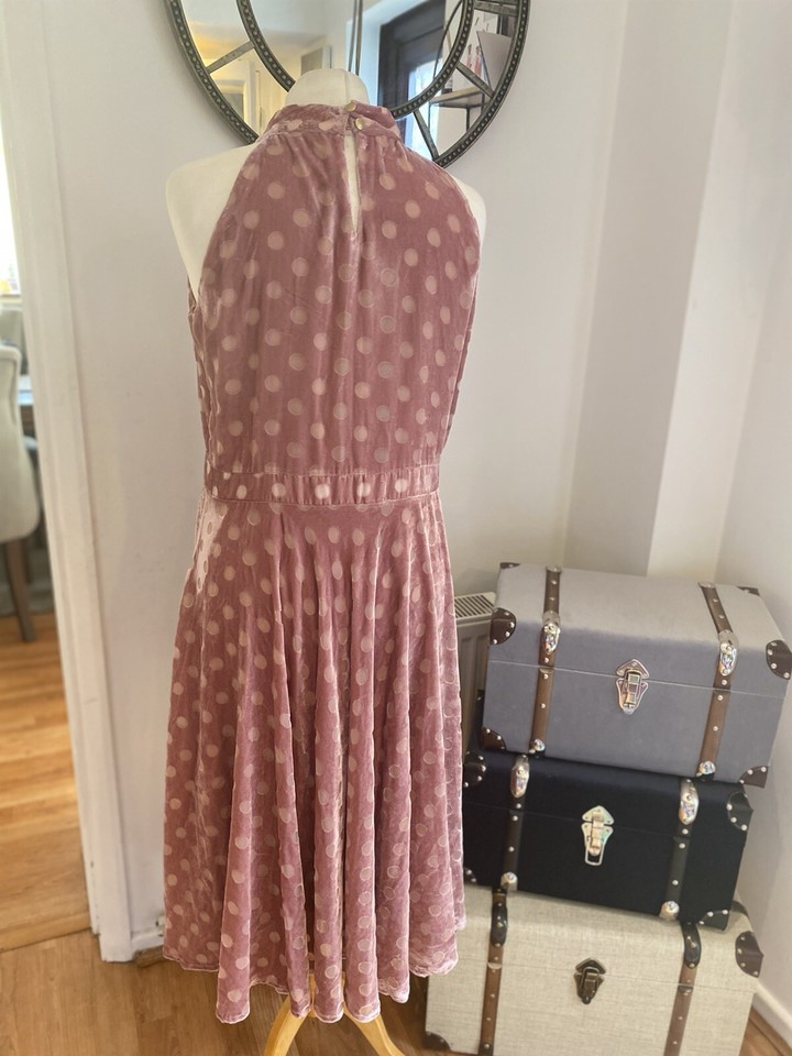 Biba Dress dusky pink velvet polka dot halter neck dress keyhole Uk 14
