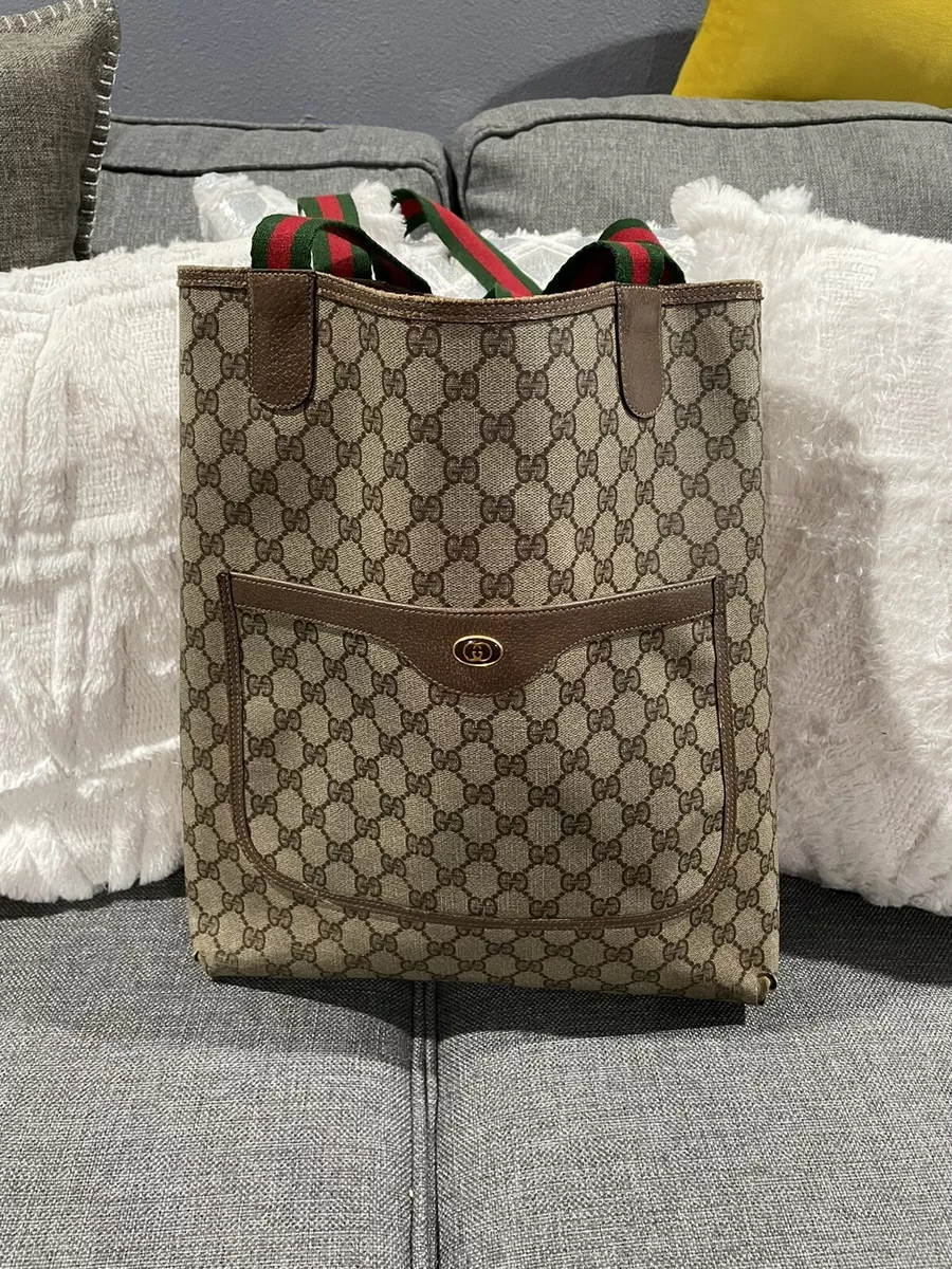 Lot - Gucci GG canvas tote bag with cream leather trim & interwoven chain  and web shoulder strap. 12 1/2