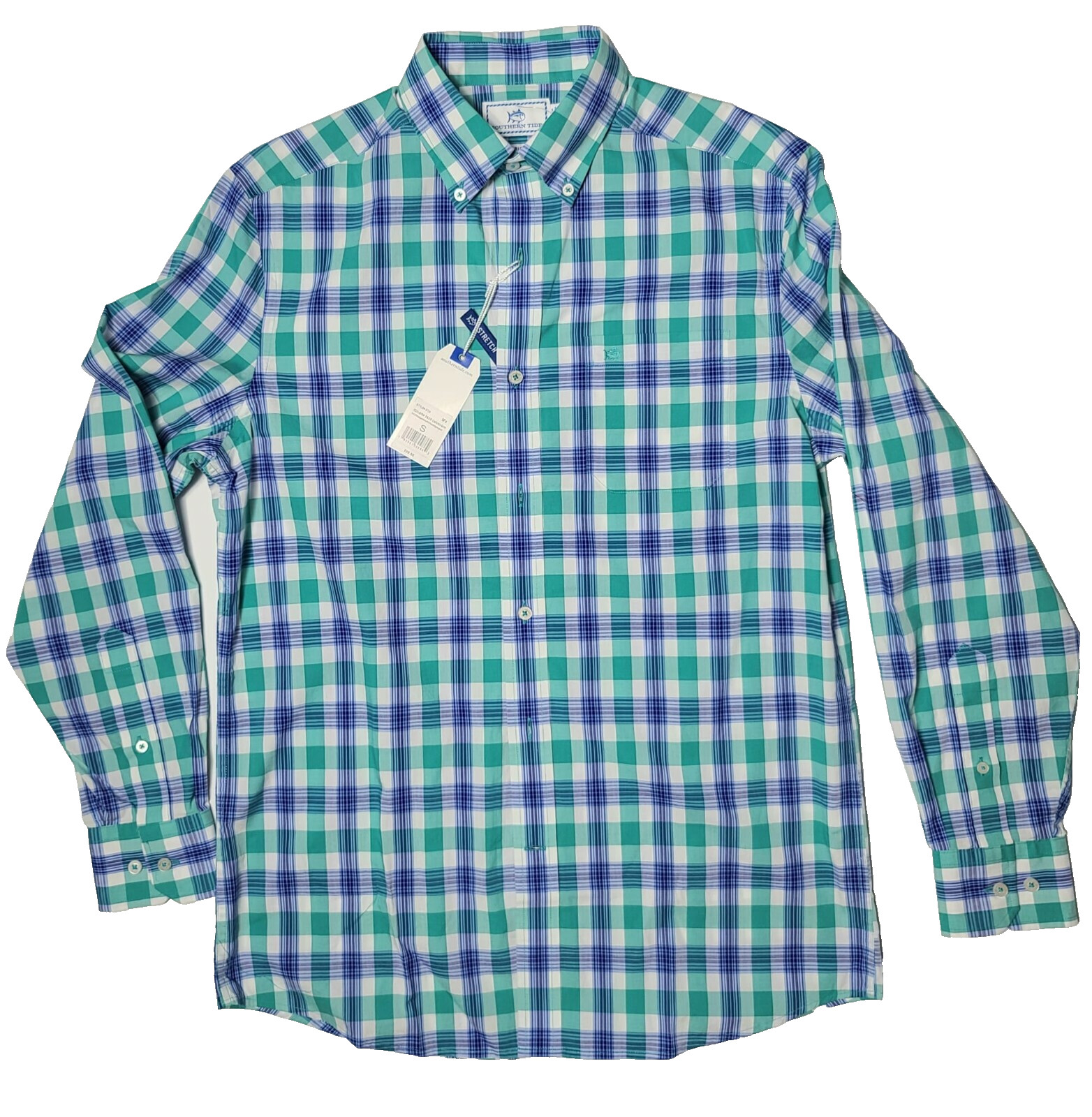 Южная мужская рубашка с длинным рукавом в сине-зеленую клетку из хлопчатобумажной смеси Стрейч, Sz Small