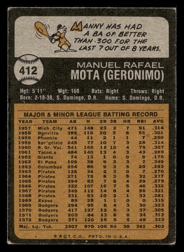 1973 Topps MANNY MOTA #412 GD Los Angeles Dodgers - Picture 2 of 2