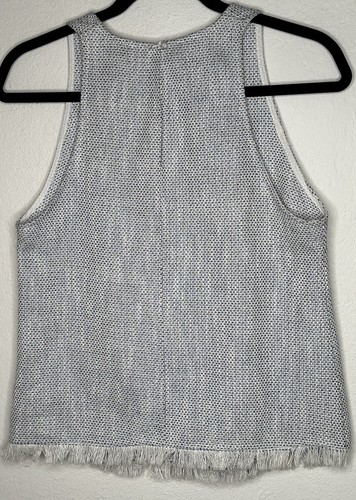 Anthropologie Drew Sleeveless Top Sz M Blue White Tweed Blouse Fringe Hem USA - Picture 2 of 6