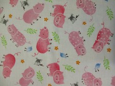 PIGS CUTE PIGLETS ANIMALS MICE BIRDS PIG LEAVES PINK WHITE COTTON FABRIC FQ