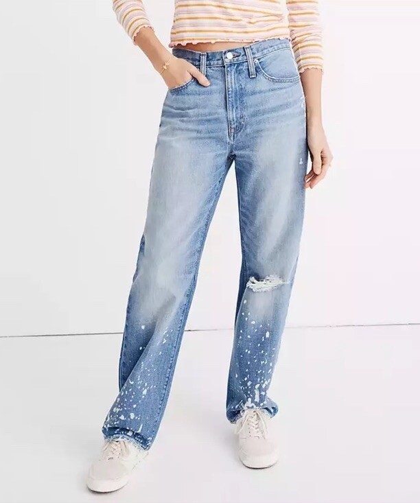 Madewell 24 Dad Jeans Light Blue High Rise Distressed Boyfriend Jeans Bleached Wash