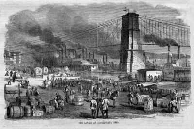 CINCINNATI OHIO LEVEE, STEAM-BOATS ANTIQUE ENGRAVING