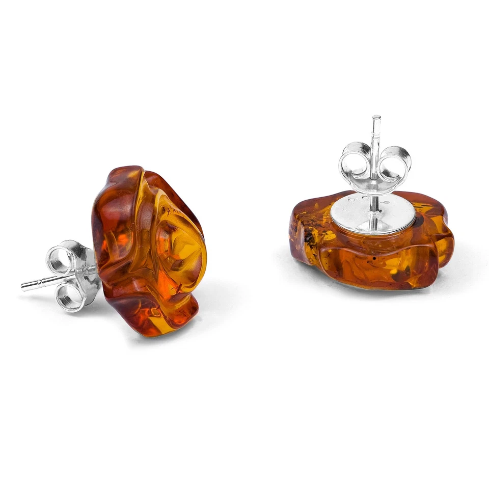 925 Solid Pure Sterling Silver Honey Baltic Amber Designer Rose Stud Earrings - Image 4 of 4