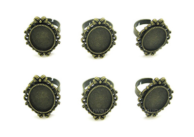 6 Antique Bronzetone Goth 18mm x 13mm CAMEO Bows Adjustable RING SETTINGS FRAMES