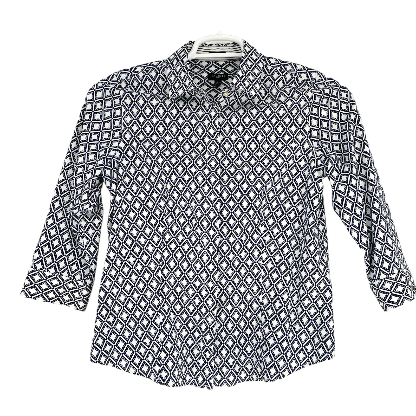 Talbots Button Down Shirt Blue White Geometric Cotton Petite 6 Wrinkle Resistant-image