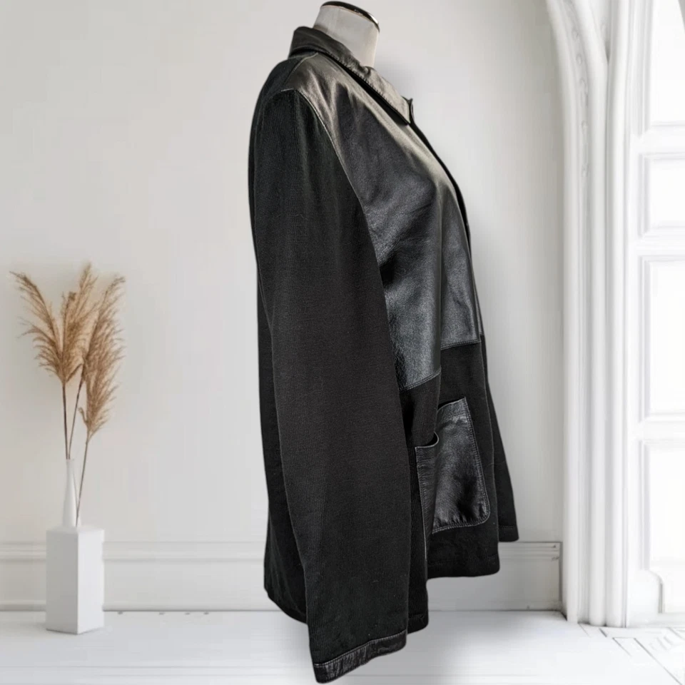 Jhane Barnes Knit Leather Patchwork Jacket Size 44 Long Sleeve Coat - Image 3 of 4