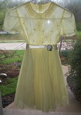 VINTAGE 1950s GIRL'S SHEER YELLOW PARTY DRESS RHINESTONES AND LACE
