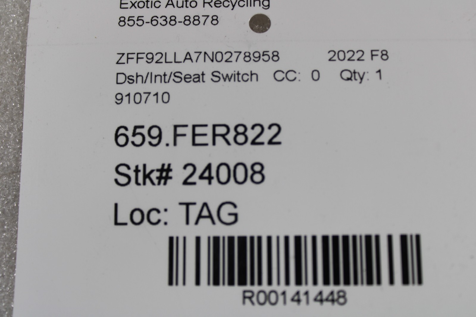 Ferrari F8 Tributo, Parking Sensor Control Switch, Used, P/N 910710