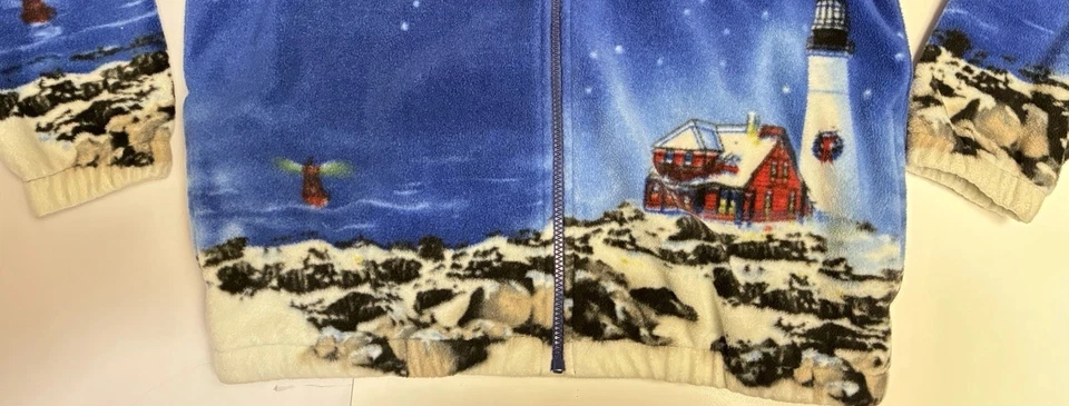 Blair Winter Coastal Fleece Jacket Red House Lighthouse Snow Boats Scenic Zip M - Image 4 of 4