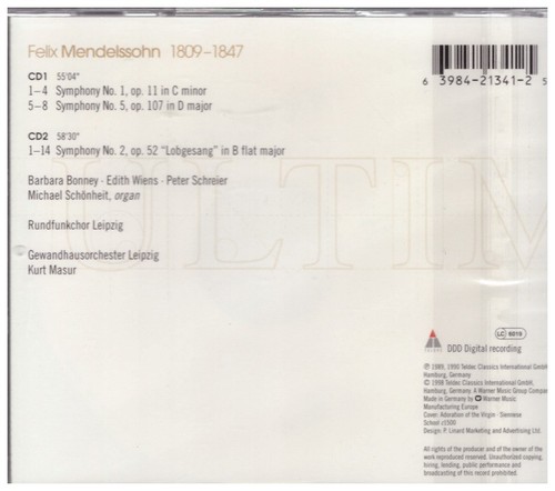 Mendelssohn - Sinfonía n.o 1 · 2 y 5 / Kurt Masur · Gewandhausorchester - CD - Imagen 2 de 2