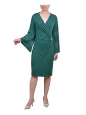 NY COLLECTION Womens Green Embellishment Bell Sleeve Faux Wrap Dress Petites PS