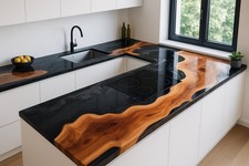 Walnuss Epoxid River Küchenarbeitsplatte | Schwarz Harz Live Edge Luxusplatte