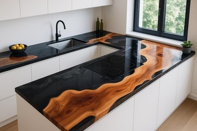 Walnut Epoxy River Kitchen Countertop | Black Resin Live Edge Luxury Slab
