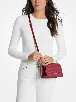 New release Michael Kors Jet Set Medium Signature Logo Crossbody Bag colorcherry