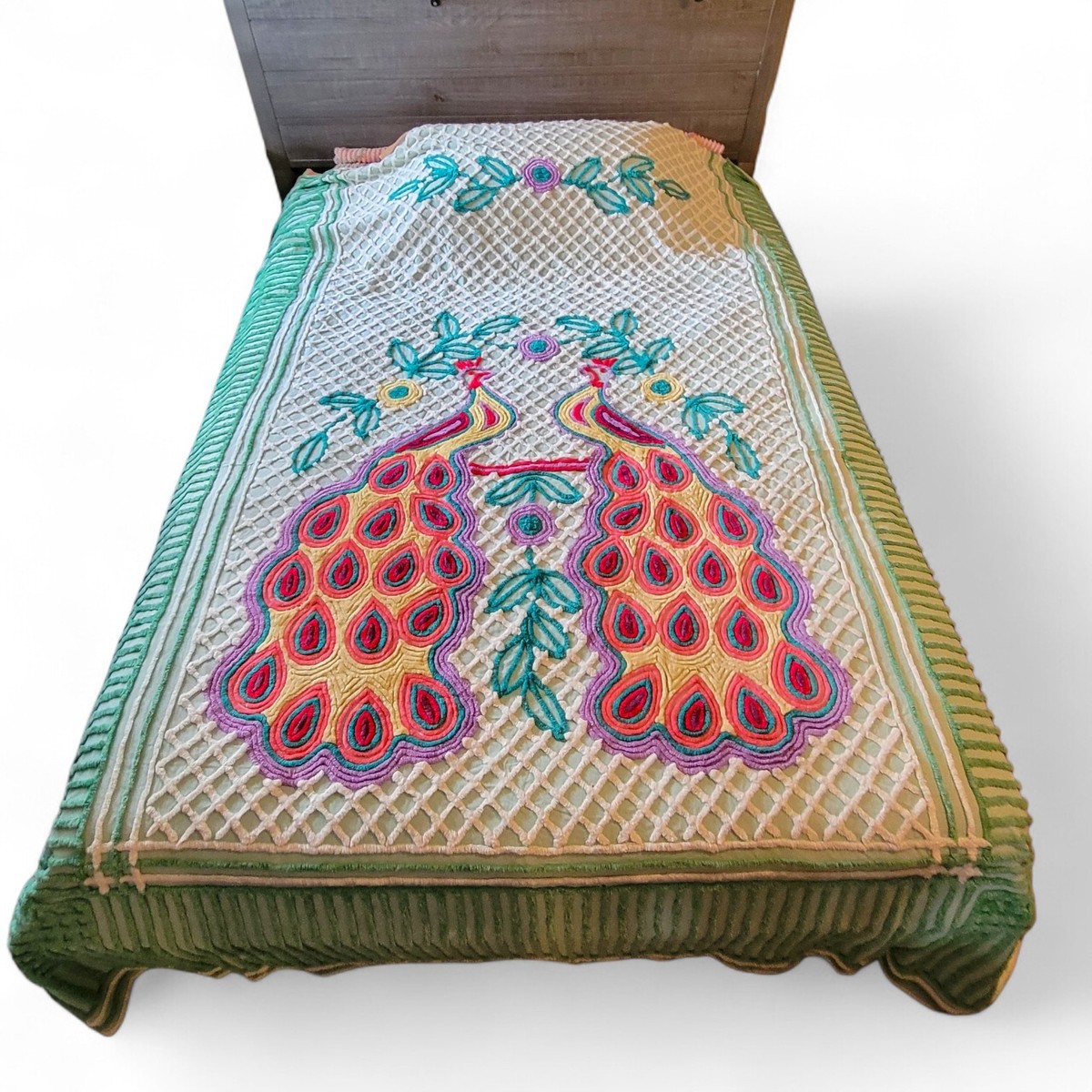 Double Peacock Chenille Bedspread Vtg 1950s Seafoam Green Queen