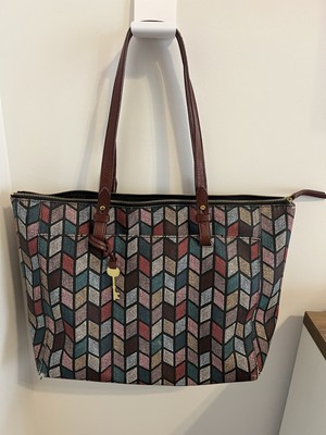 Fossil PVC Rachel Fall Multi Color Large Tote Purse Handbag Chevon