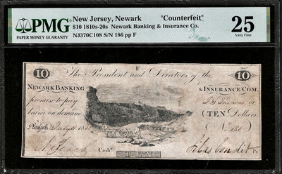 July 1826 Newark New Jersey $10 Counterfeit Obsolete Banknote PMG VF25