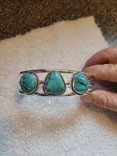 Vintage Sterling Silver 925-3 Pc Turquoise Cuff Bracelet-Large-GORGEOUS